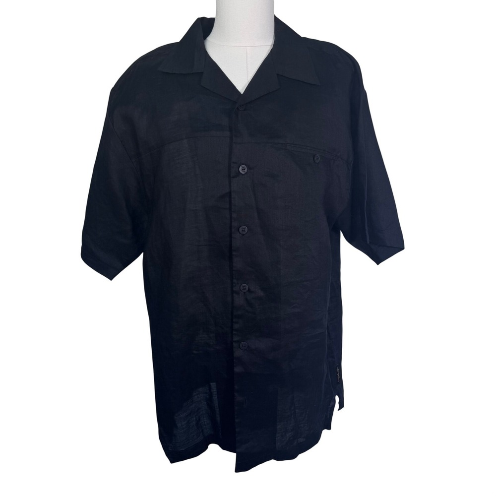 STEVE HARVEY Mens 3X Black 100% Linen Short Sleeve Camp Collar Button Down Shirt